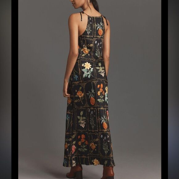 Anthropologie Black Floral Print Tie Neck Column MIDI Dress - Picture 2 of 6
